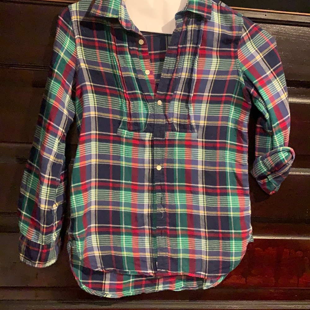Children’s polo flannel top with ruffle design in front blue and green flannel